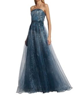 Rene Ruiz Strapless Sequin Tulle Gown in Navy Blue